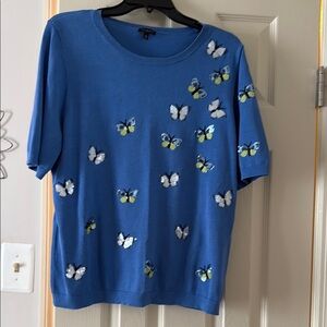 Talbots Blue Boxy T-Shirt with Butterfly Design
